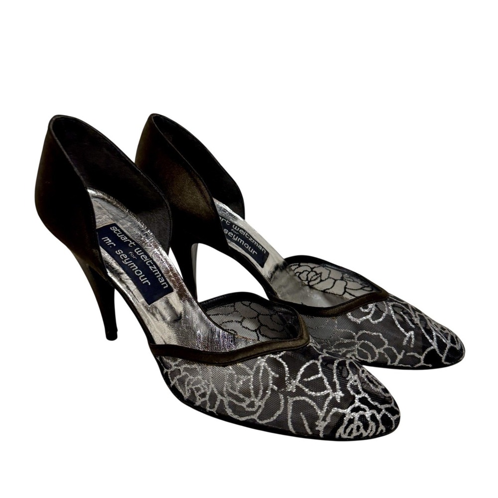 VTG Stuart Weitzman Mr Seymour Black Satin Silver Mesh Floral Rose Pump Heel 9.5